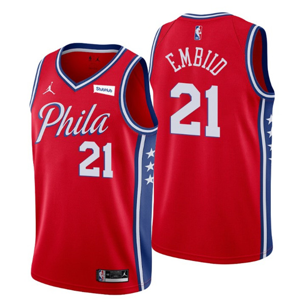 Men's Philadelphia 76ers Red #21 Joel Embiid Statement Edition Stitched Swingman NBA Jersey
